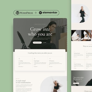 Peut inclure: Une mise en page de site web avec le branding WordPress et Elementor, affichant une section hero avec le texte Grow into who you are, une grille de services de coaching et diverses sections avec des photos d'une personne en blazer noir.