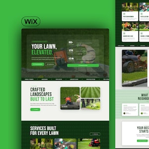 May include: A Wix website template for a lawn care business featuring a green and white color scheme. The layout includes sections for services like precision mowing, fertilization, and landscape design, with text headers such as Your Lawn, Elevated.