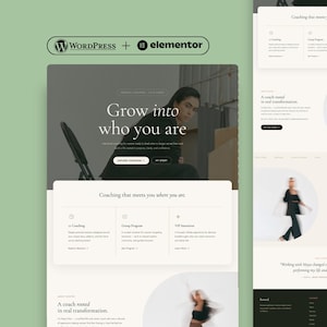 Könnte beinhalten: Ein Website-Design-Mockup mit hellgrünem Hintergrund. Das Design zeigt die Logos von WordPress und Elementor, eine Überschrift mit der Aufschrift „Werde zu dem, was du bist“ und Abschnitte für Coaching-Dienstleistungen. Das Design verwendet eine neutrale Farbpalette mit Bildern einer Person.