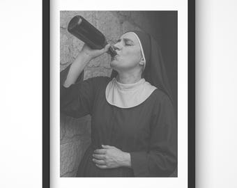 Drinking Nun Vintage Print, Black and White Photography Poster, Retro Wall Art, Nuns Wall Decor, Framed Photography Prints, Bathroom Art