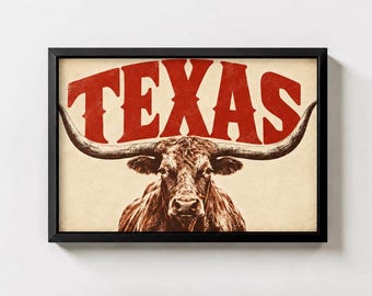 Texas Longhorn Typography Wall Art, Southwestern Bull Print, Lone Star State Decor, Dallas Poster