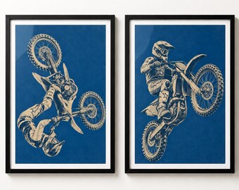 Dirt Bike Motorcycle Set of 2  Wall Art, Teen Boy Room Decor, Motocross Poster, Masculine Man Cave Print