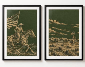 Western Cowboy Horse Wall Art, American Flag Poster, Patriotic Masculine Office Art Print, Freedom Cowboy Print Decor