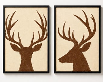 Deer Silhouette Wall Art Set of 2, Wildlife Stag Print, Hunting Decor, Masculine Man Cave Print, Boys Nursery Room Decor