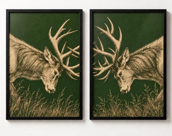 Deer Stag Wall Art Set of 2, Deer Antler Decor, Woodland Wildlife Lake House Print, Masculine Cabin Decor