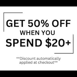 May include: Black and white graphic with the letters "FT" at the top. The text "GET 50% OFF WHEN YOU SPEND $20+" is displayed in large, bold font. Smaller text below states "Discount automatically applied at checkout."
