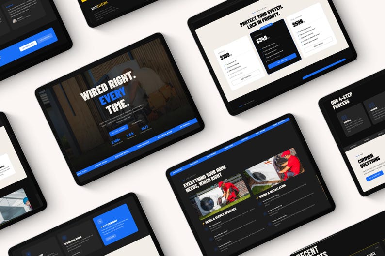 Op de afbeelding: Meerdere tabletschermen tonen een website voor een elektrotechnisch bedrijf. De interface heeft een zwart-wit kleurenschema met blauwe accenten en toont teksten zoals Wired Right. Every Time., prijzen en foto's van de diensten.