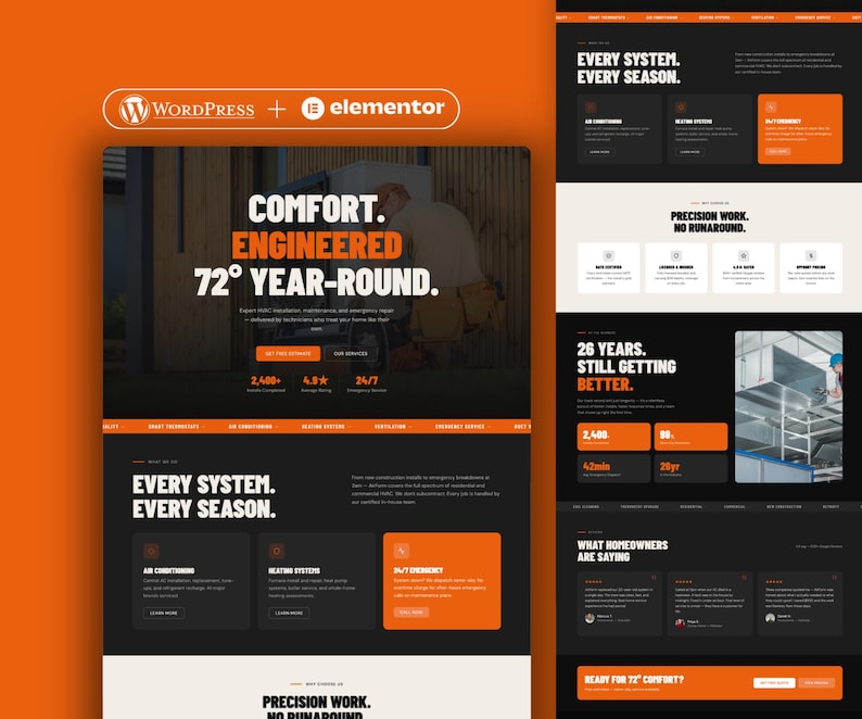 Bold orange and black Wordpress theme Elementor website template for HVAC businesses, contractors, and landscaping service businesses