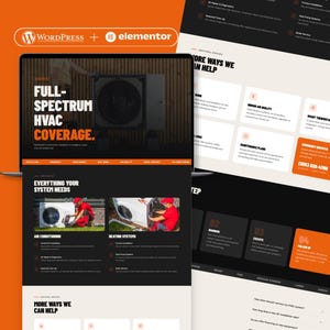 May include: A website design with the WordPress and Elementor logos, using an orange and black colour scheme. The site promotes "FULL-SPECTRUM HVAC COVERAGE" and includes sections on air conditioning, heating systems, and additional services. A phone number is also displayed.