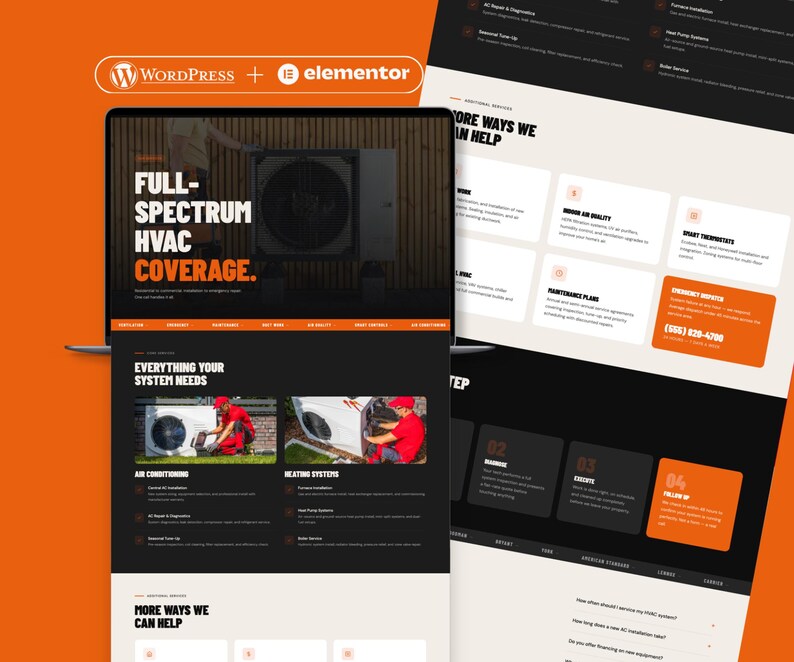 May include: A website design with the WordPress and Elementor logos, using an orange and black colour scheme. The site promotes "FULL-SPECTRUM HVAC COVERAGE" and includes sections on air conditioning, heating systems, and additional services. A phone number is also displayed.