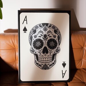 Arte de parede de cartas de baralho ocidentais, arte de parede de caveira de açúcar mexicana, decoração gótica ocidental, impressão de espadas de ás, arte de caveira gótica, arte ocidental vintage