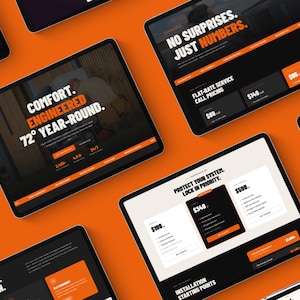 May include: Tablets displaying websites with orange and white text on a black background, set against an orange backdrop. The websites promote services with phrases such as "Comfort. Engineered 72&deg; Year-Round" and "No Surprises. Just Numbers."