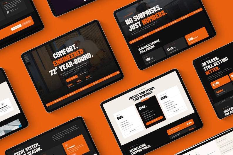 May include: Tablets displaying websites with orange and white text on a black background, set against an orange backdrop. The websites promote services with phrases such as "Comfort. Engineered 72&deg; Year-Round" and "No Surprises. Just Numbers."