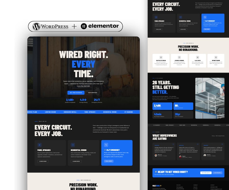 Wordpress theme Elementor website template for electricians, construction companies, HVAC services and lawn care