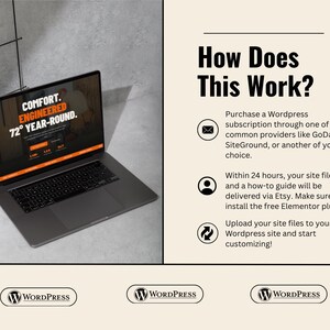 May include: A silver laptop shows a website with the text "COMFORT. ENGINEERED 72&deg; YEAR-ROUND." The image also includes the text "How Does This Work?" and instructions for purchasing a WordPress subscription.