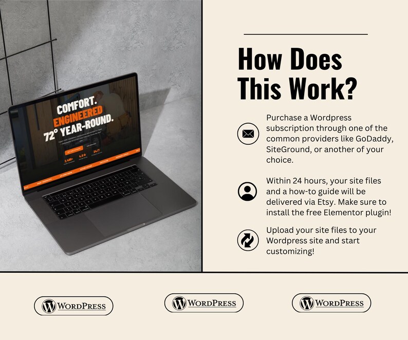 May include: A silver laptop shows a website with the text "COMFORT. ENGINEERED 72&deg; YEAR-ROUND." The image also includes the text "How Does This Work?" and instructions for purchasing a WordPress subscription.