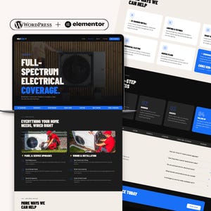 Op de afbeelding: Een digitaal mockup van een website voor een elektrotechnisch bedrijf genaamd VoltEdge, met een donker thema en blauwe accenten. De lay-out toont servicecategorie&euml;n, contactgegevens en een proces in vier stappen met WordPress en Elementor.