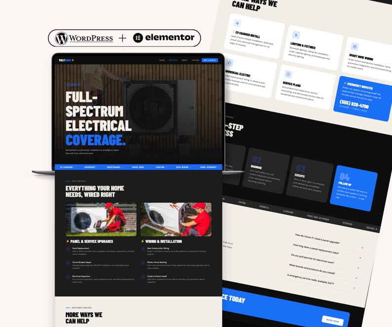 Op de afbeelding: Een digitaal mockup van een website voor een elektrotechnisch bedrijf genaamd VoltEdge, met een donker thema en blauwe accenten. De lay-out toont servicecategorie&euml;n, contactgegevens en een proces in vier stappen met WordPress en Elementor.