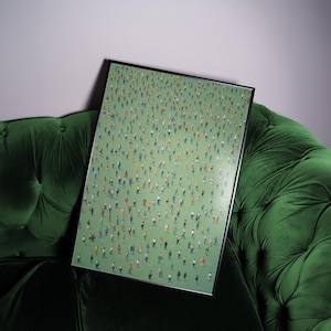 May include: A framed print of a painting depicting a large crowd of people standing on a green field. The people are painted in a variety of colors and sizes, creating a sense of movement and energy.