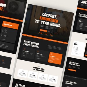 May include: Website mockups in black, white, and orange. Text includes "Comfort Engineered 72&deg; Year-Round" and "Every System. Every Season." The design promotes HVAC services, with pricing and service details displayed.