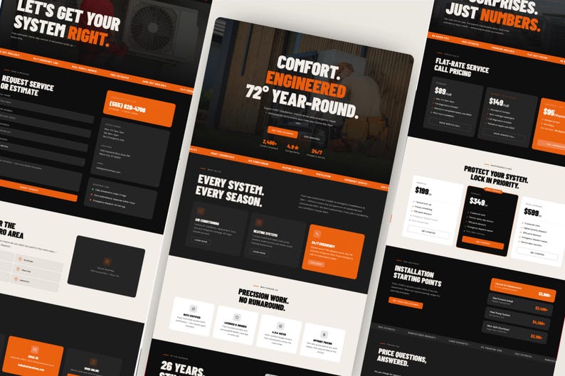 May include: Website mockups in black, white, and orange. Text includes "Comfort Engineered 72&deg; Year-Round" and "Every System. Every Season." The design promotes HVAC services, with pricing and service details displayed.