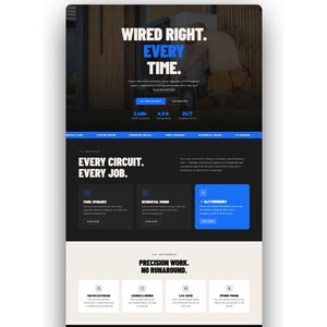 Op de afbeelding: Een website-landingspagina voor een elektrotechnisch installatiebedrijf met de tekst Wired Right. Every Time. De lay-out bevat secties voor paneelupgrades, residenti&euml;le bedrading en 24/7 hulpdiensten met blauwe knoppen en witte tekst.
