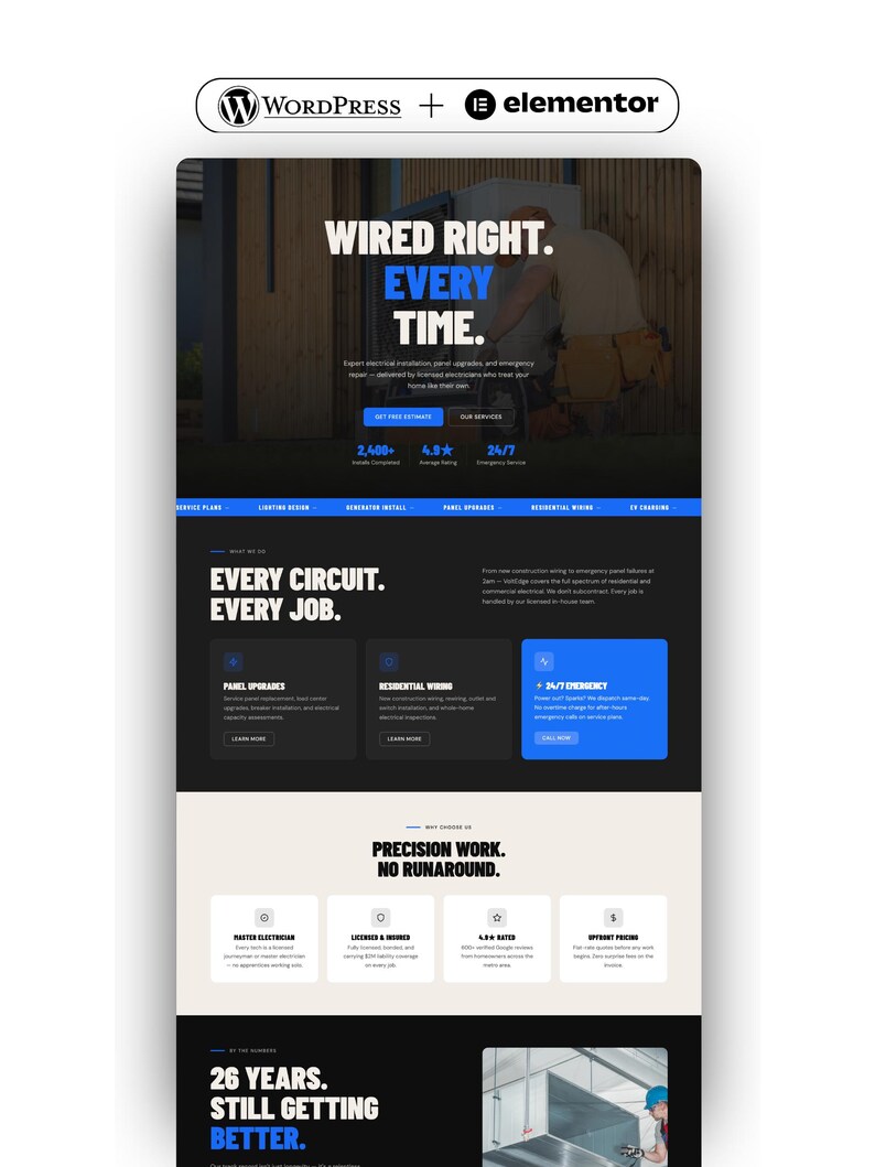 Op de afbeelding: Een website-landingspagina voor een elektrotechnisch installatiebedrijf met de tekst Wired Right. Every Time. De lay-out bevat secties voor paneelupgrades, residenti&euml;le bedrading en 24/7 hulpdiensten met blauwe knoppen en witte tekst.