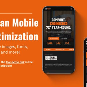 May include: An orange background with two smartphones displaying a website. The website features text that reads "COMFORT. ENGINEERED 72&deg; YEAR-ROUND." Other text includes "Clean Mobile Optimization" and "Update images, fonts, colours, and more!"