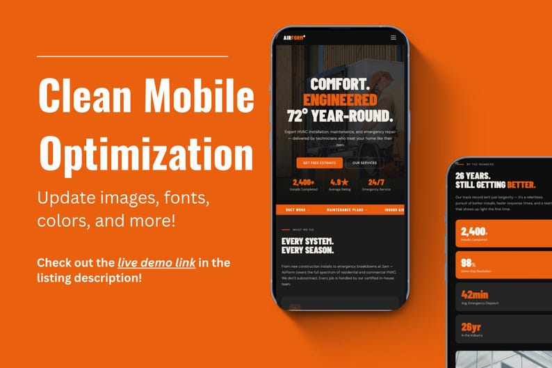 May include: An orange background with two smartphones displaying a website. The website features text that reads "COMFORT. ENGINEERED 72&deg; YEAR-ROUND." Other text includes "Clean Mobile Optimization" and "Update images, fonts, colours, and more!"