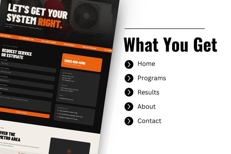 May include: A website design with a black and orange colour scheme. The text reads "LET'S GET YOUR SYSTEM RIGHT." and "REQUEST SERVICE OR ESTIMATE." The right side lists "What You Get" with options like Home, Programs, Results, About, and Contact.