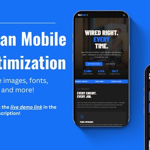 Op de afbeelding: Twee smartphones tonen een website met een donker thema en blauwe accenten op een felblauwe achtergrond. De schermen tonen tekst waaronder Wired Right. Every Time., 2400+ Completed Projects, 4.8 Average Rating, 24/7 Emergency Service en 26 Years.