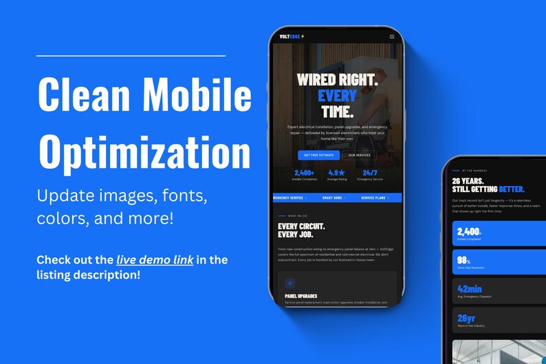 Op de afbeelding: Twee smartphones tonen een website met een donker thema en blauwe accenten op een felblauwe achtergrond. De schermen tonen tekst waaronder Wired Right. Every Time., 2400+ Completed Projects, 4.8 Average Rating, 24/7 Emergency Service en 26 Years.