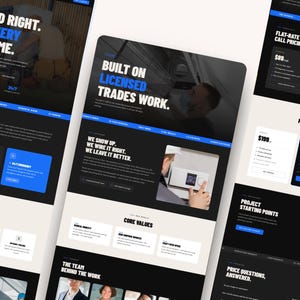Op de afbeelding: Een website-interfaceontwerp voor een elektrotechnisch servicebedrijf met een donker kleurenschema en blauwe accenten. De lay-out bevat secties met de titels Wired Right, Built on Licensed Trades Work en Project Starting Points met tekst.