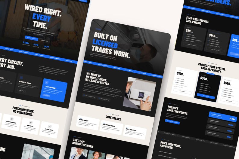 Op de afbeelding: Een website-interfaceontwerp voor een elektrotechnisch servicebedrijf met een donker kleurenschema en blauwe accenten. De lay-out bevat secties met de titels Wired Right, Built on Licensed Trades Work en Project Starting Points met tekst.