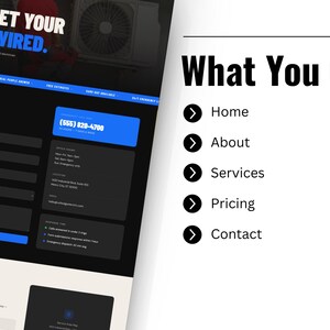 Op de afbeelding: Een digitale website-indeling voor een elektriciteitsbedrijf met een donker thema en blauwe accenten. De koptekst luidt Let's Get Your Place Wired. Een contactformulier is zichtbaar naast een lijst met de titel What You Get, inclusief Home, About, Services, Pricing en Contact.
