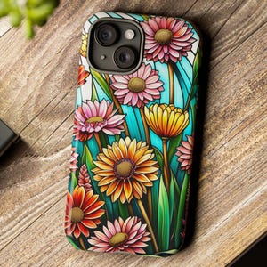 Wildflower Stained Glass Effect Phone Case, iPhone 16 Pro Plus 15 14, Colorful Floral Protective Phone Case, Stained Glass Trendy Case