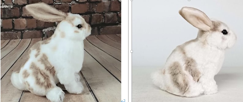 May include: A plush, seated rabbit figurine with a white body and tan markings. The rabbit has long ears and a fluffy tail. The figurine is designed to sit upright, showcasing its detailed fur texture and realistic features.