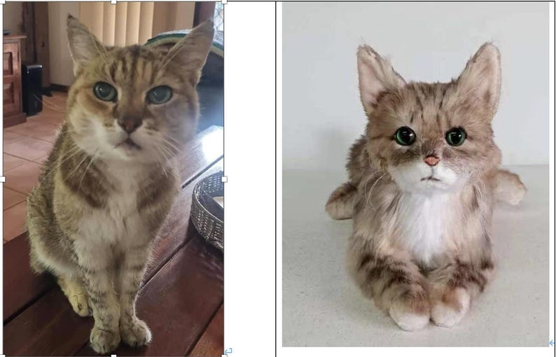 May include: A tabby cat with brown and tan fur sits on a wooden surface. The cat has green eyes and a focused expression. The cat's fur has a striped pattern. The cat is a domestic animal.