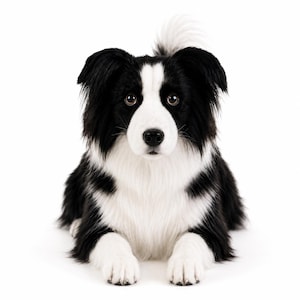 May include: A black and white Border Collie dog with long, fluffy fur, pointed ears, and a white blaze on its face, lying down in a resting position while looking directly forward with dark, expressive eyes against a white background.