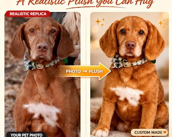 May include: An image showcasing a custom-made plush toy of a dog, created from a pet photo. The plush is a realistic replica, with detailed features and a soft, huggable appearance. The text reads "From Your Pet's Photo, A Realistic Plush You Can Hug."
