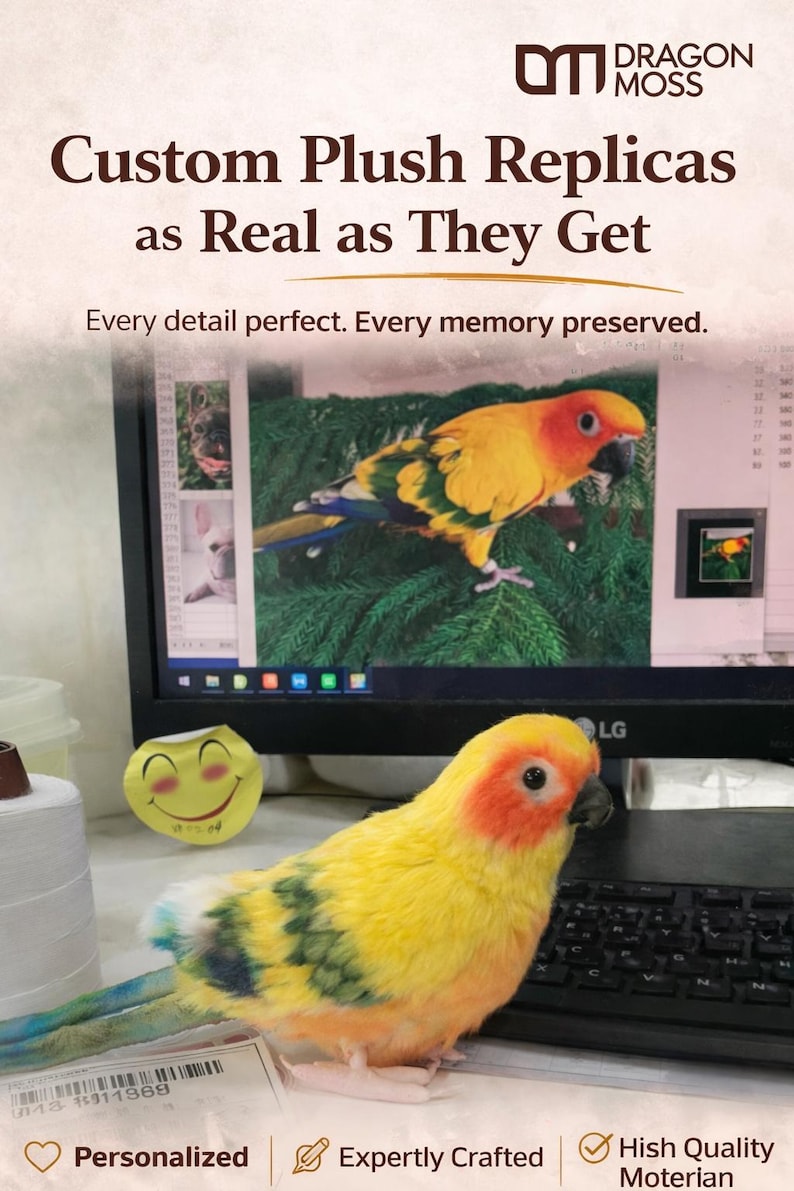 May include: A plush replica of a yellow and orange bird with green and blue accents. The image includes the text "Custom Plush Replicas as Real as They Get" and "Every detail perfect. Every memory preserved."