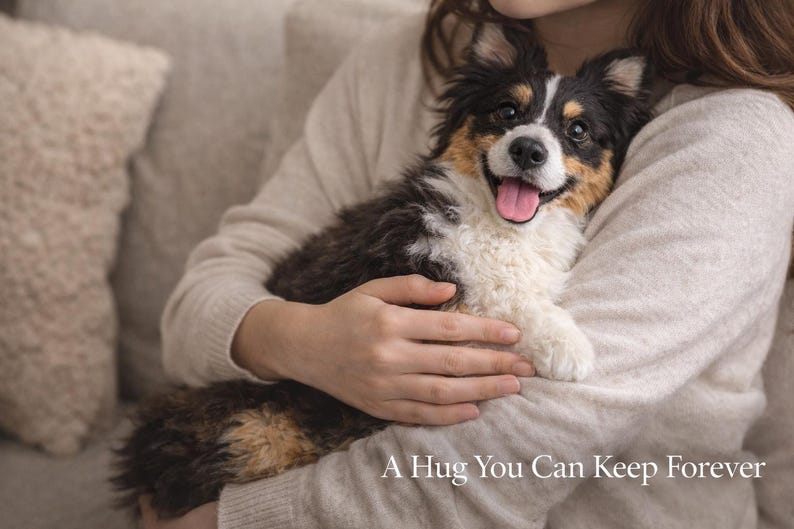 May include: A tricolor puppy with black, white, and tan fur is held in someone's arms. The puppy has a pink tongue and is smiling. The text at the bottom of the image reads, "A Hug You Can Keep Forever."
