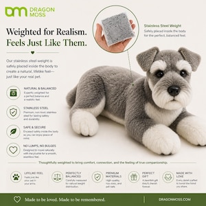Puede incluir: Un juguete de peluche realista de perro en gris y blanco. El juguete está ponderado con acero inoxidable para una sensación equilibrada. La imagen también muestra un primer plano del peso de acero inoxidable.