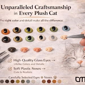 May include: An image showcasing various plush cat eyes and noses, with text reading "Unparalleled Craftsmanship in Every Plush Cat." The image highlights different colors and styles of eyes and noses, with a close-up of a cat face.