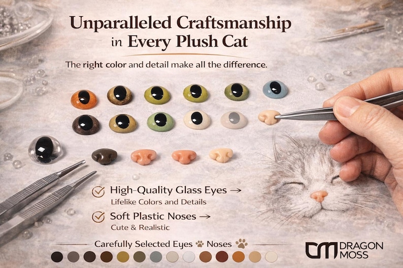 May include: An image showcasing various plush cat eyes and noses, with text reading "Unparalleled Craftsmanship in Every Plush Cat." The image highlights different colors and styles of eyes and noses, with a close-up of a cat face.