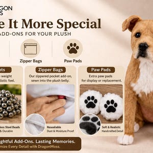 Op de afbeelding: Afbeelding van een pluchen hond met add-ons, waaronder gewichten, ritszakken en pootkussens. De afbeelding toont een bruin-witte hond, roestvrijstalen kralen en witte pootkussens met zwarte pootafdrukken. De tekst luidt "Make It More Special."