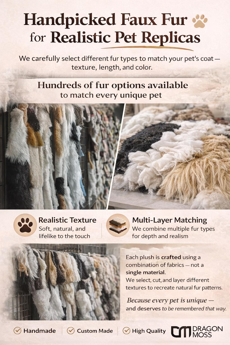 May include: Image showcasing various faux fur samples for realistic pet replicas. The image highlights different textures, colors, and layering techniques. Text on the image reads "Handpicked Faux Fur for Realistic Pet Replicas". The image also includes the text "Handmade", "Custom Made", and "High Quality".
