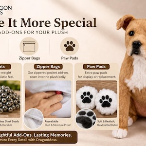 May include: A plush dog with add-ons, including weights, zipper bags, and paw pads. The image features a brown and white dog, stainless steel beads, and paw pads for display or replacement. Text reads "Make It More Special."