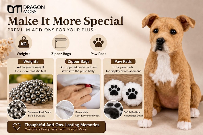 May include: A plush dog with add-ons, including weights, zipper bags, and paw pads. The image features a brown and white dog, stainless steel beads, and paw pads for display or replacement. Text reads "Make It More Special."