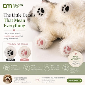 Op de afbeelding: Een pluchen hond met crèmekleurige vacht en zwarte en roze poten. De afbeelding bevat de tekst "The Little Details That Mean Everything" en "Made with Love for your furry family."